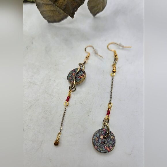 "5/$25" Handmade Mismatched Wood Floral Button Mixed Metal Dangle Earrings - Picture 2 of 6